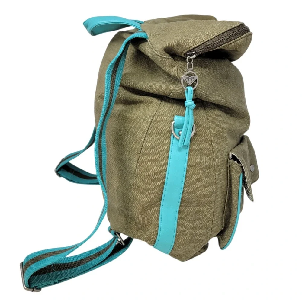 Vtg Roxy Canvas Backpack‎ Olive Green Turquoise Trim Floral Y2K Surfer Girl